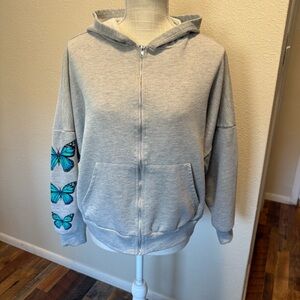 Fashion Nova - Gray Hoodie with Blue Butterfly Design - Size Medium